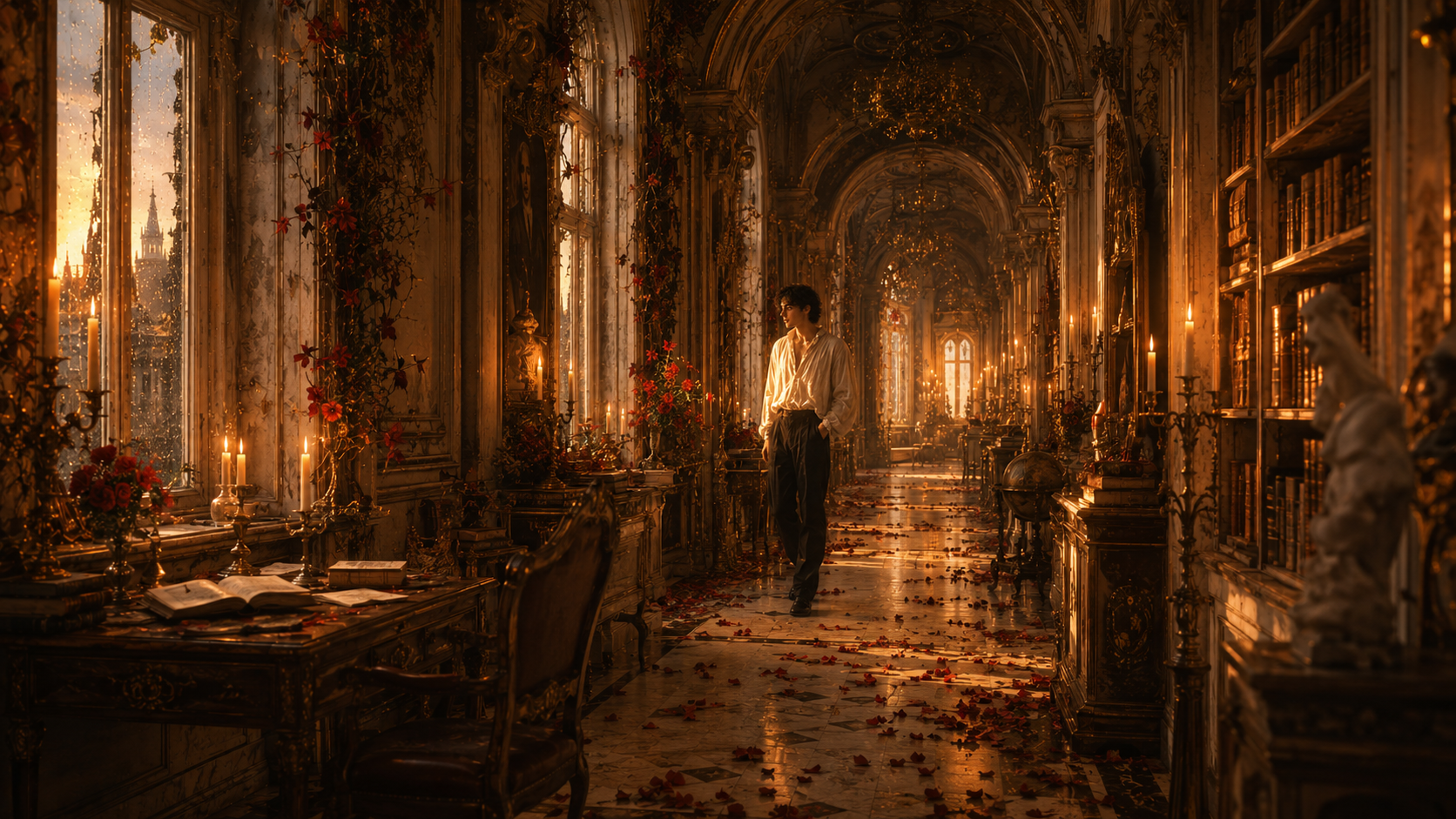 A figure standing in a grand candlelit palace hallway with rose petals