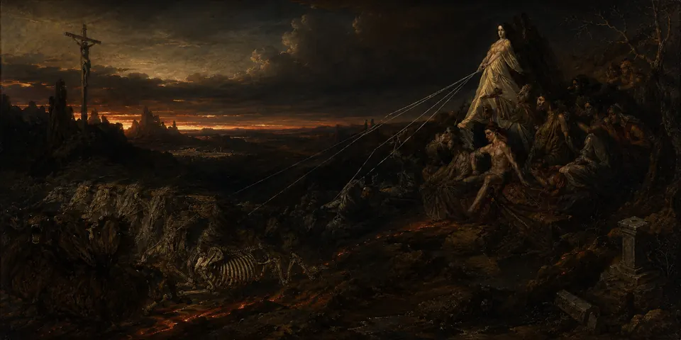 A dark apocalyptic painting with veiled figures and ember-lit horizon