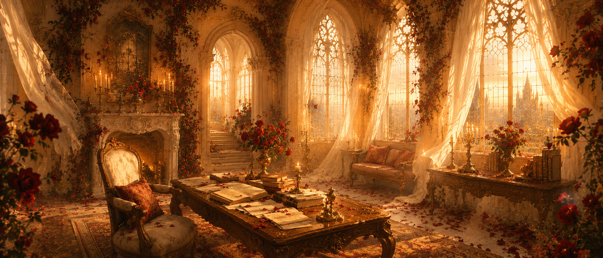 An ornate golden study with gothic windows, roses, manuscripts, and warm firelight