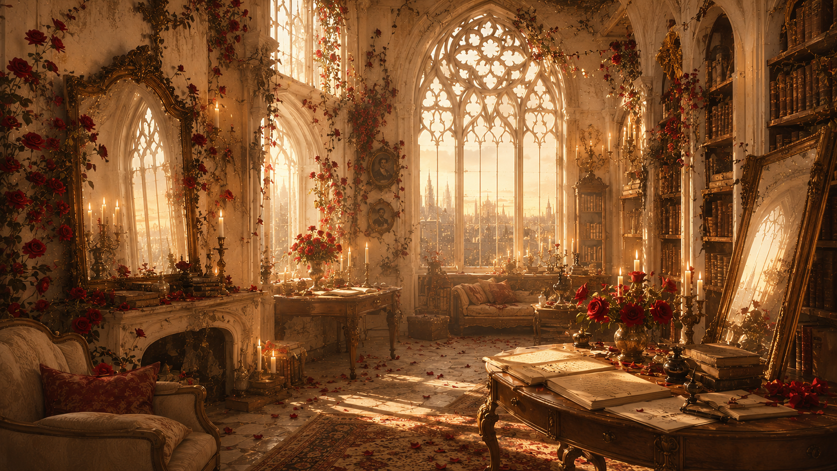Gothic study with pointed arch windows and roses climbing walls