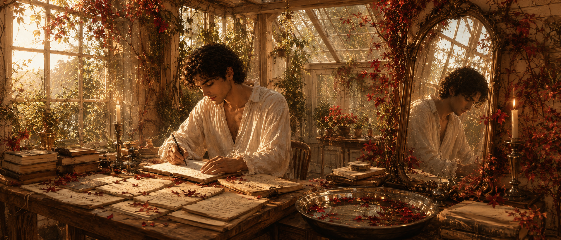 A writer composing manuscripts by candlelight surrounded by roses and scattered pages